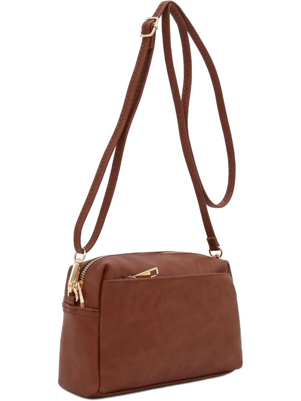 Women's Mocha Leather Triple Zip Small Crossbody Bag - Picture 4 of 7